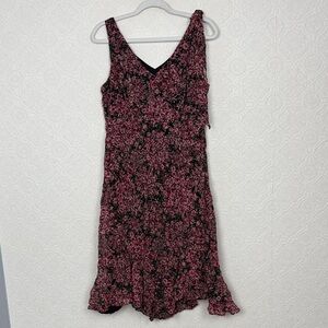 Vintage 100% Silk Y2K Ann Taylor LOFT Floral Dress Size 10 Black Pink Ruffle Hem